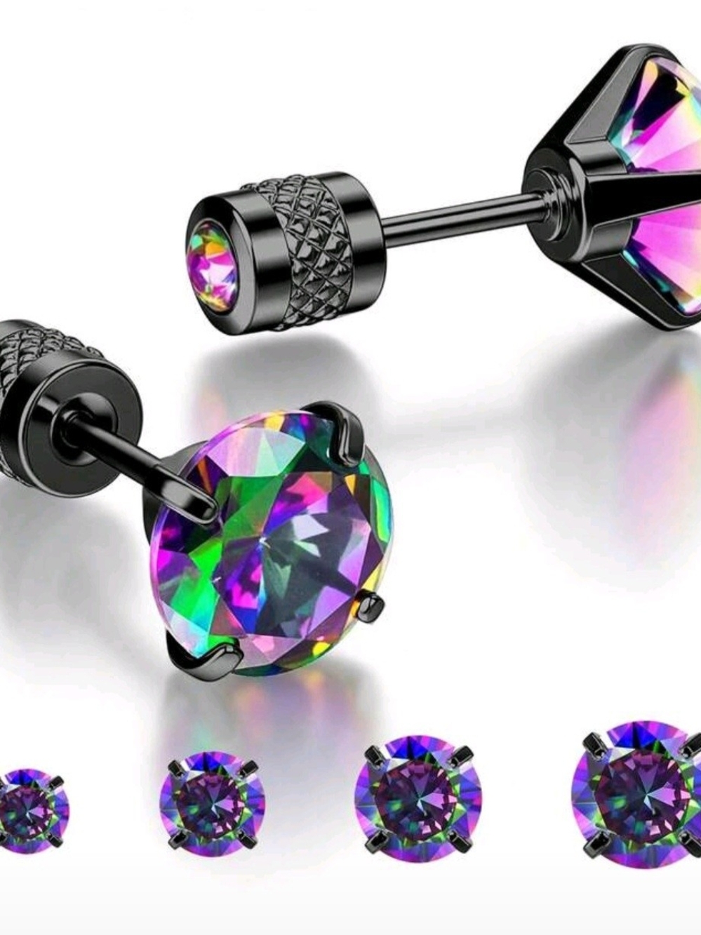 7mm Black Steel Stud Earrings with Mystic Rainbow Crystal
